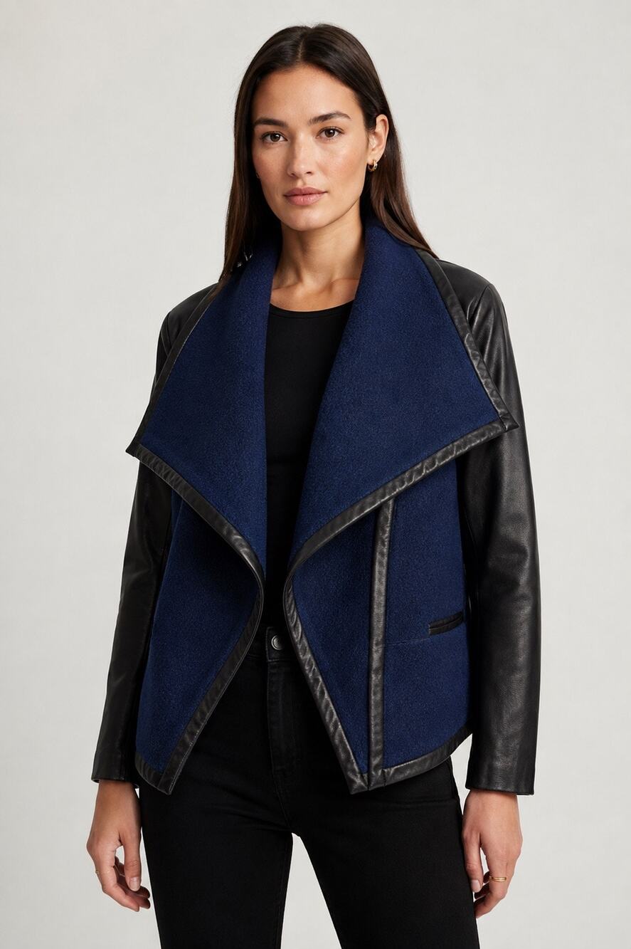 Vince Leather Sleeve Bouclé Jacket – Navy & Black – Size 10